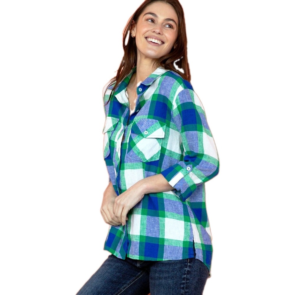 New! Billy T Fantastic Shirt MPlaid Emerald Green Blue Wht Checks Lyocell Linen